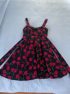 Pin up Black Cherry Print Mini Dress with Sweetheart Neckline